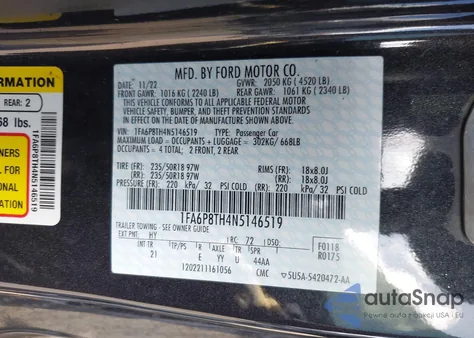 2022 Ford Mustang z USA, uszkodzony, nr VIN 1FA6P8TH4N5146519